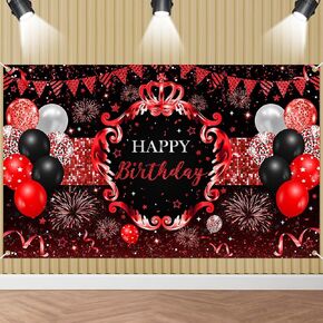 Red and Black Birthday Backdrop Red Birthday Decorations for Women Girls Glitter Red and Black Birthday Party Banner Red Photo Booth Props