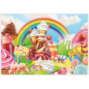 Allenjoy 82 "× 59" خلفية مصاصة Candyland الحلو الكرتون قوس قزح لوازم الحفلات لفتاة الأميرة الأولى عيد ميلاد الديكور التصوير الفوتوغرافي كب كيك الآيس كريم دونات حلوى الصورة كشك خلفية الدعامة in Kuwait