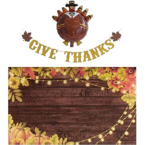 Funnytree Give Thanks Fall Decor Props Kit - a 5.9 x 3.6 FT Backdrop/Cards/Ribbon/Balloon - Party Supply Set for Photo Booth Background