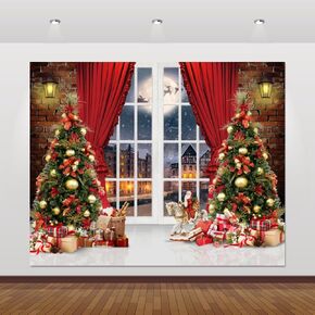 Merry Christmas Backdrop 10x8ft for Photography Window Xmas Tree Winter City Night Scene Red Curtain Brick Wall Background for Photo Christmas Festival Party Banner Backdrops Decorations