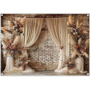 7x5ft Fabric Digital Printing Boho Floral Wedding Backdrop Pampas Grass Curtain Photography Background Bridal Shower Party Decoration Photo Banner