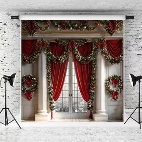Kate Christmas Door Photo Backdrop Winter Christmas Trees Red Curtain Background Framed Window White Retro Wall Photo Background Studio Props,10x8ft