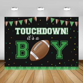 MEHOFOND 7x5ft Touchdown Boy Baby Shower Backdrop It's A Boy Banner Rugby Sports Soccer Ball American Football Background Green Brown Confetti Party Decor Photo Booth Props