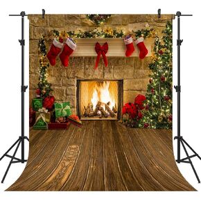 5X7FT Christmas Fireplace Theme Backdrop for Photography Tree Sock Gift Decorations for Xmas Party Supplies Vinyl Photo Booth Background Studio Prop CEM15