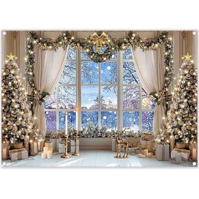 7x5ft Fabric Christmas Winter Window Backdrop White Snow Forest Scene Xmas Tree Photography Background Family Holiday Party Decor Photo Props