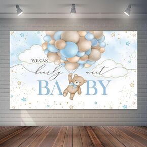 7x5ft Blue Bear Hot Air Balloon Backdrop Watercolor Balloons Bear Baby Shower Party Decorations for Boy We Can Bearly Wait Baby Shower Cake Table Banner Photo Studio Props
