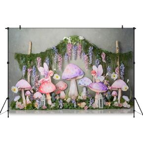 Enchanted Forest Backdrop with Purple Mushroom Fairy Garden Backdrops for Photoshoot 7x5ft, Girl Birthday Party Backgrounds Booth, Cake Smash Photography Backdrops
