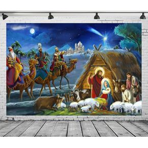 CORFOTO 7x5ft Fabric Birth of Jesus Painting Backdrop Christmas Night Manger Nativity Scene Background Christmas Themed Birthday Party Decorations Baby Shower Backdrop Photo Booth Studio Props
