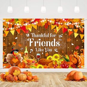 MEHOFOND Fall Happy Friendsgiving Party Backdrop, Thanksgiving Decorations, Thankful for You Banner, Autumn Pumpkin Decoration, Fall Thanksgiving Friends Party Decorations 5.9x3.6ft