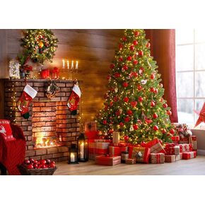 10x8FT Christmas Photography Backdrop Christmas Tree Fireplace Background Beautiful Xmas Lights Gifts and Window Backdrop for Baby Kids Family Birthday Party Banner Photoshoot Backdrop SCO209C