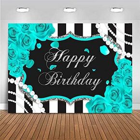 Mocsicka Silver Turquoise Floral Birthday Backdrop for Girl 7x5ft Black and White Stripes Teal Background Quinceanera 15th Birthday Party Decoration (7x5ft (82x60 inch))