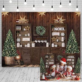 Mocsicka Christmas Kitchen Photography Backdrop Retro Wood Wall Cooking House Family Party Background Pine Tree Decoration Xmas Baby Kids Portrait Photo Studio Photobooth Props (7x5ft)
