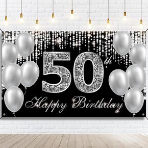 50th Birthday Banner Backdrop, Happy 50th Birthday Decorations for Women Men, Black Silver 50 Year Old Birthday Party Yard Sign Photo Booth Props Decor Supplies, Fabric