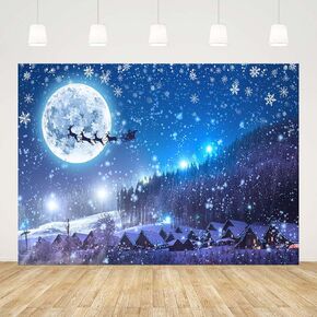 7x5ft Winter Village Night Snowfall Backdrop Christmas Blue Starry Sky Moon Stars Snowflakes Photography Background Christmas Wonderland Pine Forest Party Decorations Banner Photo Studio Props