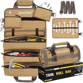 Tool Bag Roll Up, Tool Bag Organizer w/Detachable Pockets&Wrench Roll, Gifts for Men Dad Him Husband Christmas Stocking Stuffers, Heavy Duty Tool Pouch, Portable Tool Box for Motorcycle, Car（Khaki）