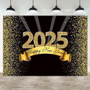 8x6ft New Years Backdrop Happy New Year 2025 Photography Background Gold Ribbon Glitter Stars Dots Winter Carnival Night Christmas Banner Decorations Celebration Party Photo Booth Prop