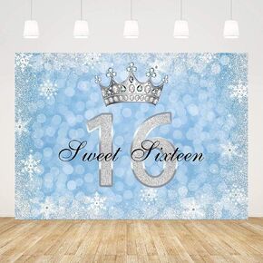7x5ft Happy 16th Birthday Backdrop Sweet 16 Girl Blue Bokeh Winter Snowflake Silver Crown with Gem Diamonds Background Party Decorations Cake Table Banner Photo Booth Props