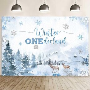 MEHOFOND 7x5 ft Winter Onederland Backdrop Winter Green 1st Birthday Photography Background Snowflake Deer Woodland Mountain Wonderland First Bday Party Decorations Cake Table Banner Photo Booth Props