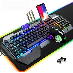 Wireless Gaming Keyboard Mouse & Mouse Pad Kit,3 in 1 RGB Backlit Rechargeable Keyboard Mouse with 3800mAh Battery Metal Panel Removable Hand Rest,RGB Gaming Mousepad(32.5x12inch),Gaming Mouse