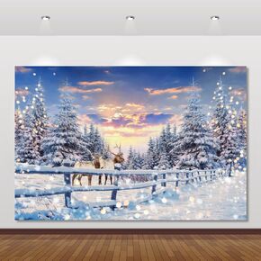 Winter Wonderland Christmas Backdrop 20x10ft for Photography Forest Reindeer Snow Winter Scene Backdrop for Pictures Christmas Party Holiday Background Decorations Photo Booth