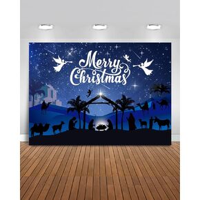 Mocsicka Merry Christmas Nativity Backdrop Blue Large Merry Christmas Party Decorations Banner Jesus Xmas Christmas Photography Backgournd Photo Booth Props (Blue, 7x5ft(82"x60"))