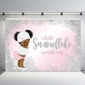 MEHOFOND Winter A Little Snowflake is On The Way Backdrop for Girls Baby Shower Pink Silver Glitter Snowflakes Baby Shower Party Decorations Photography Background Photo Shoot Banner Supplies 7x5ft