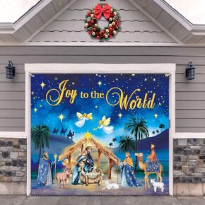 7 x 8 FT Christmas Nativity Garage Door Banner Decorations, Holy Night Religious Joy to The World Garage Door Cover Nativity Scene Jesus Birth Backdrop for Xmas Holiday Winter Church Party Supplies