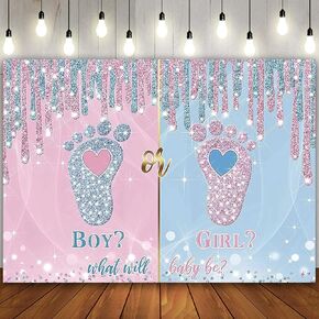 What Will Baby Be Gender Reveal Backdrop 7x5Ft Baby Shower Boy Girl Baby Birthday Party Banner Pink Blue Footprint Event Party Decorations Supplies Photo Backgrounds Polyester Fabric