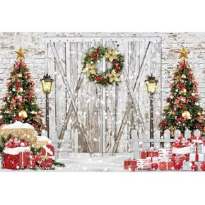 Leyiyi 20x10ft Christmas Backdrop for Photography Snowy Winter Wreath on Wooden Door Photo Background Brick Wall Christmas Decor Pine Tree Gold Red Decor Balls Xmas Gifts Photo Shoot Bokeh Banner