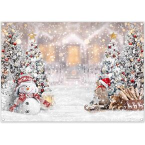 ZTHMOE 7x5ft Polyester Winter Christmas Photography Backdrop Snowman Pine Tree Snowflake Background Xmas Trees Party Decorations Photo Banner Props (Blurring is a Design Effect)