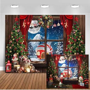 Mocsicka Christmas Backdrop Rustic Christmas Window Tree Gifts Holiday Snow Mountain Photo Background Candy Cane Winter Christmas North Pole Party Decorations Photography Backdrops (7x5ft)