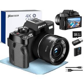 Digital Camera for Photography and Video, 4K 48MP Vlogging Camera for YouTube with 180° Flip Screen,16X Digital Zoom, 2 Batteries（WT,S100,Black ）