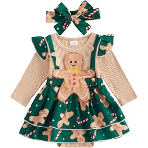 Baby Girl Christmas Outfit Newborn Romper Dress Ribbed Ruffle Skirt Hem Jumpsuit Cute Fall Clothes+Headband (Green Gingerbread Man, 12-18 Months)