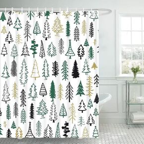 Lofaris Merry Christmas Black and Green Tree Shower Curtain Xmas Pine Pattern New Year Holiday Bathroom Decor Curtain Winter Washable Durable Fabric Shower Curtain for Bathroom Decor 72x72 in