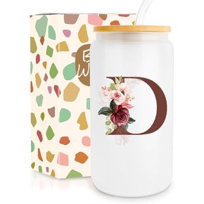 Ini-tial Glass Cups with Lids and Straws, Personalized Gifts for Women, Monogrammed 16oz Tumbler Straw Lid, Iced Coffee Cup, Beer Can Shaped Glass- S