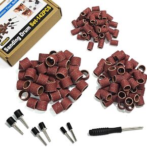 Asieg Tool Sanding Drum Kit 142Pcs 600Grit, 1/2" & 3/8" & 1/4" Diameter Drum Sanding Band with 3.17mm Shank Mandrels for Drill Dremel Rotary Tools Nails Drill in Kuwait