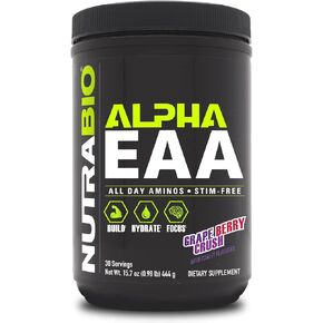 NutraBio Alpha EAA - All-Day Aminos - Recovery, Energy, Focus, and Hydration Supplement - Full Spectrum EAA BCAA Matrix, Electrolytes, Nootropics, Coconut Water - 30 Servings - Grape Berry Crush