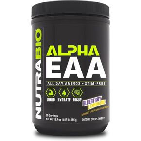 NutraBio Alpha EAA - All-Day Aminos - Recovery, Energy, Focus, and Hydration Supplement - Full Spectrum EAA BCAA Matrix, Electrolytes, Nootropics, Coconut Water - 30 Servings - Grape Berry Crush in Kuwait
