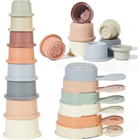 Bath Toys Stacking Cups with Bathing Spoon, 14 Pcs Water Table Toys Baby Bath Toys for Toddlers 1-3/Infants 6-12-18 Months Bathtub Toys Shower Toys, Pool Toys, Beach Toys