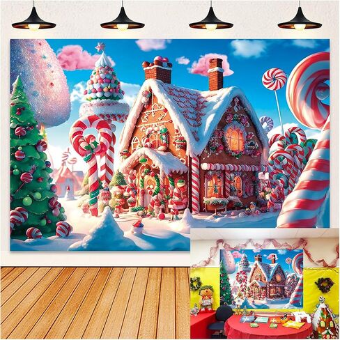 IADIUENOG 7x5ft Christmas Candy House Backdrop Christmas Gingerbread House Cane Lollipop Pine Snowflake Cover Children Christmas Background Sweetest Day Candy Town Winter Party Banner in Saudi Arabia