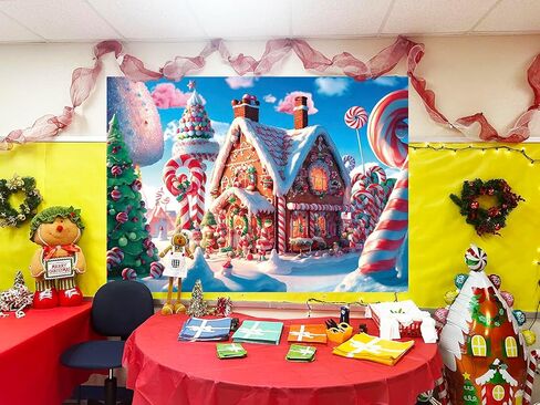 IADIUENOG 7x5ft Christmas Candy House Backdrop Christmas Gingerbread House Cane Lollipop Pine Snowflake Cover Children Christmas Background Sweetest Day Candy Town Winter Party Banner in Saudi Arabia