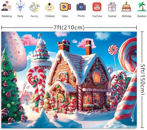 IADIUENOG 7x5ft Christmas Candy House Backdrop Christmas Gingerbread House Cane Lollipop Pine Snowflake Cover Children Christmas Background Sweetest Day Candy Town Winter Party Banner in Saudi Arabia