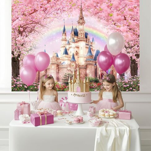 Mocsicka Princess Castle Backdrop 7x5ft Floral Castle Pink Sakura Forest Rainbow Flowers Floral Fantasy Fairy Tale Wonderland Background Wedding Birthday Party Princess Photo Studio Props in Saudi Arabia