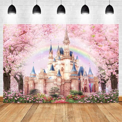 Mocsicka Princess Castle Backdrop 7x5ft Floral Castle Pink Sakura Forest Rainbow Flowers Floral Fantasy Fairy Tale Wonderland Background Wedding Birthday Party Princess Photo Studio Props in Saudi Arabia
