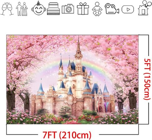 Mocsicka Princess Castle Backdrop 7x5ft Floral Castle Pink Sakura Forest Rainbow Flowers Floral Fantasy Fairy Tale Wonderland Background Wedding Birthday Party Princess Photo Studio Props in Saudi Arabia