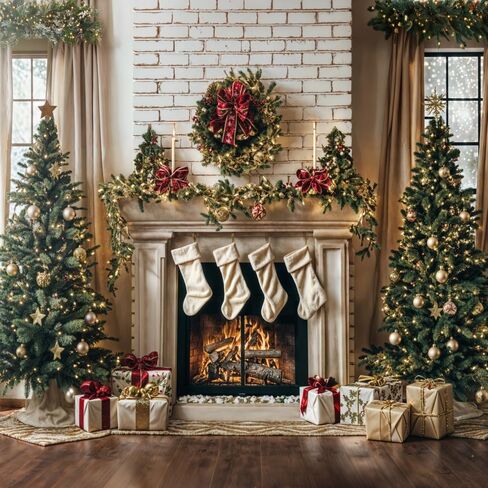 Kate Christmas Fireplace Photography Backdrops for Mini Session Window Family Backgrounds Christmas Brick Professional Photo Backdrops for Family Holiday Party, 10x10ft in Saudi Arabia