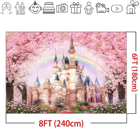Mocsicka Princess Castle Backdrop 7x5ft Floral Castle Pink Sakura Forest Rainbow Flowers Floral Fantasy Fairy Tale Wonderland Background Wedding Birthday Party Princess Photo Studio Props in Saudi Arabia
