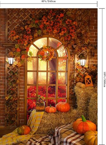 Fall Thanksgiving Harvest Photography Backdrop Pumpkin on Haystack in Front of Window Halloween Background Portrait Party Decoration Vinyl Photo Studio Booth Props PGT558A 5x7ft in Saudi Arabia
