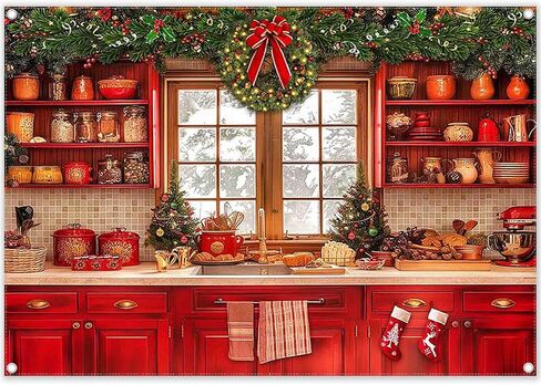 ZTHMOE Fabric 7x5ft Christmas Kitchen Photography Backdrop Cabinets Window Winter Snow Scene Background Xmas Family Party Decoration New Year Photo Banner Props in Saudi Arabia