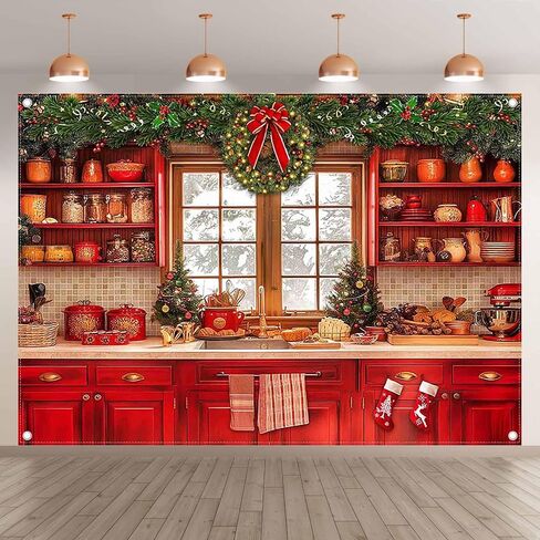 ZTHMOE Fabric 7x5ft Christmas Kitchen Photography Backdrop Cabinets Window Winter Snow Scene Background Xmas Family Party Decoration New Year Photo Banner Props in Saudi Arabia